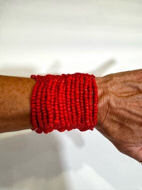 Red Multi-Strand Seed Bead Stretch Cuff Bracelet Wide Statement